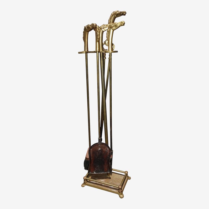 Vintage French Country Brass Fireplace Tool Set W Horses Head Handles - image 0