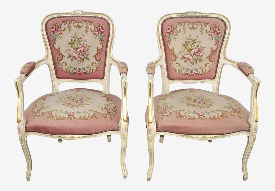 Vintage French Provincial Louis XVI Pink Needlepoint Tapestry Chairs - a Pair - image 0