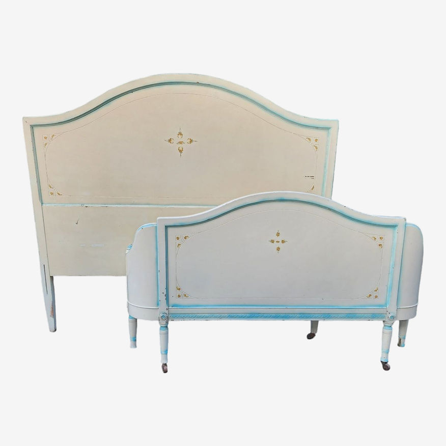 Vintage Matching Headboard With Curved Footboard in White With Blue Accents - image 0