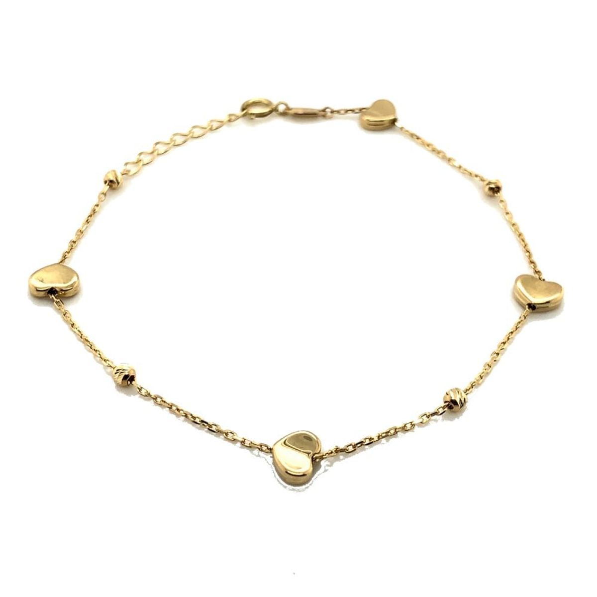 Złota bransoletka z serduszkami i diamentowanymi kulkami