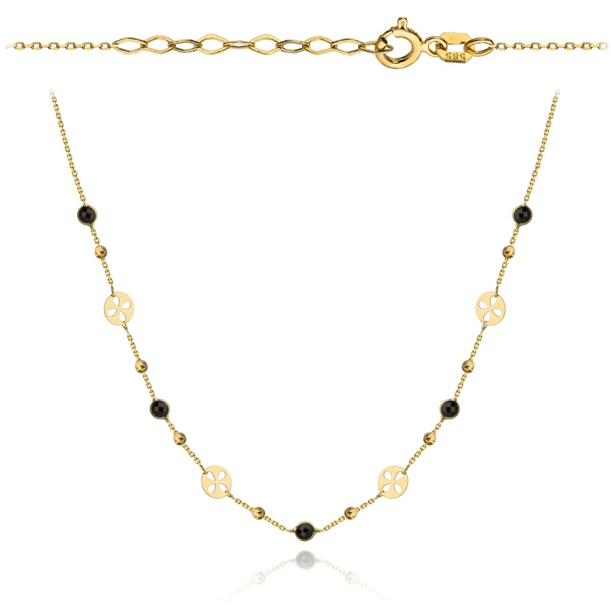 Złoty naszyjnik z czarnymi kamieniami i ażurowymi kółeczkami