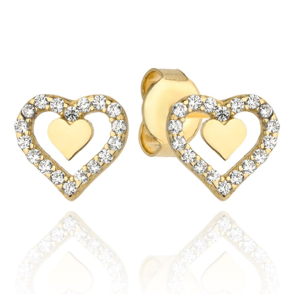 Złote kolczyki serca z cyrkoniami