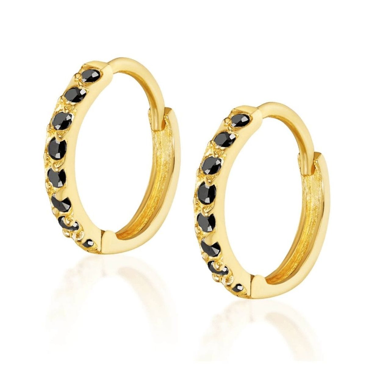 Złote kolczyki kółeczko wysadzane czarnymi cyrkoniami