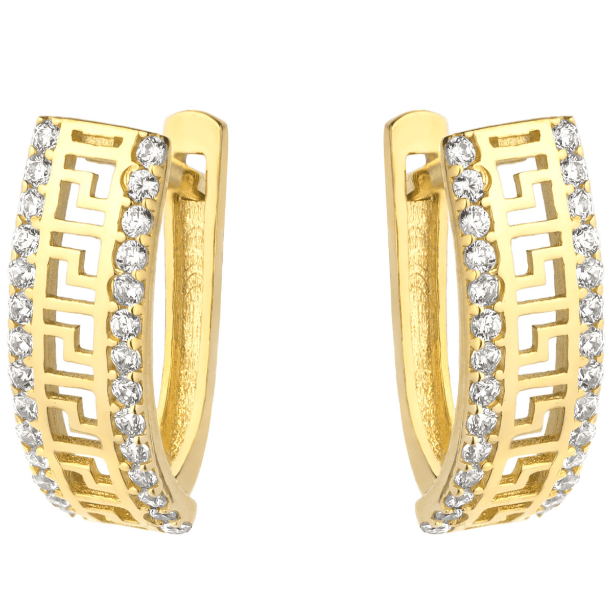 Złote kolczyki z greckim wzorem i cyrkoniami