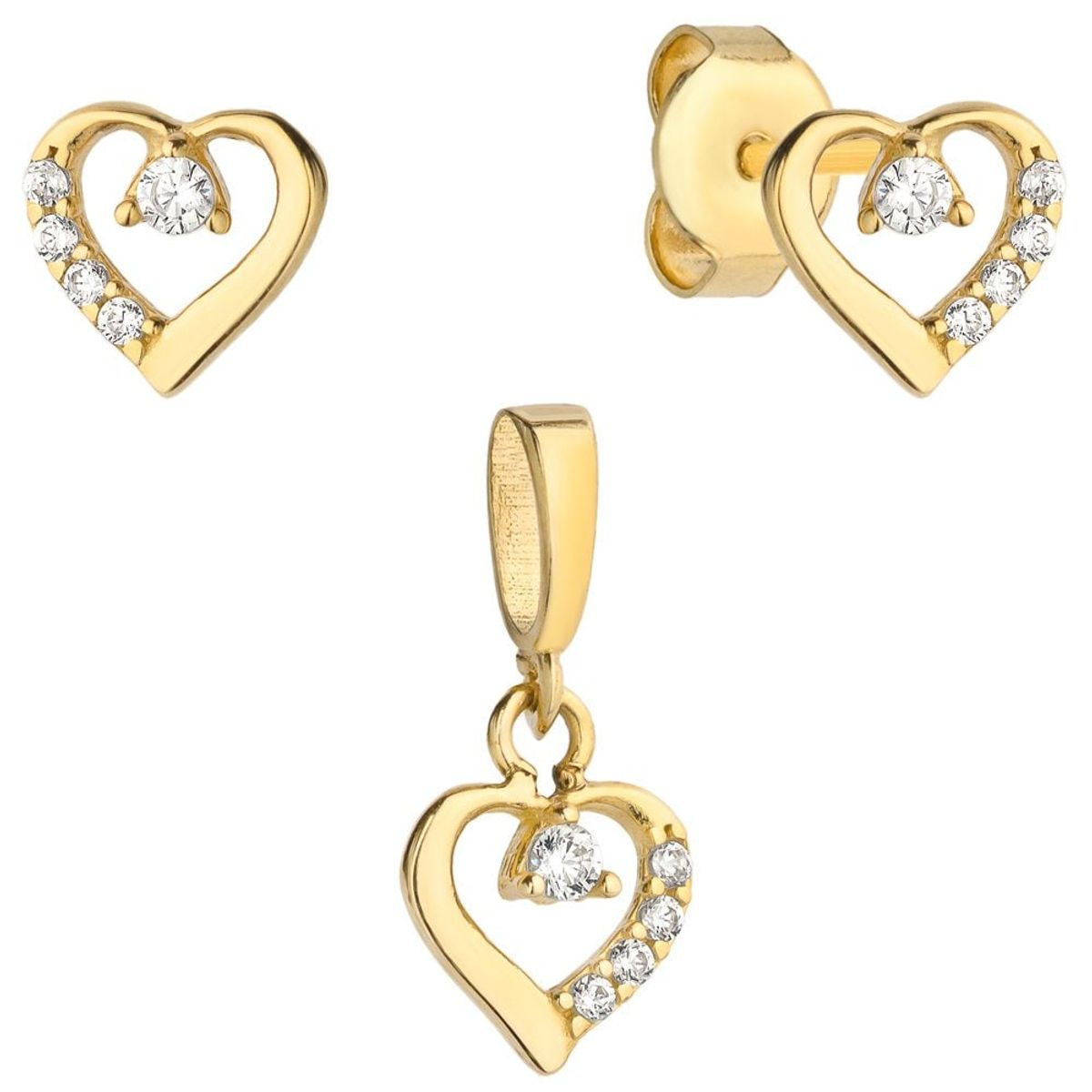 Złoty komplet kolczyki z zawieszką w kształcie serca z cyrkoniami