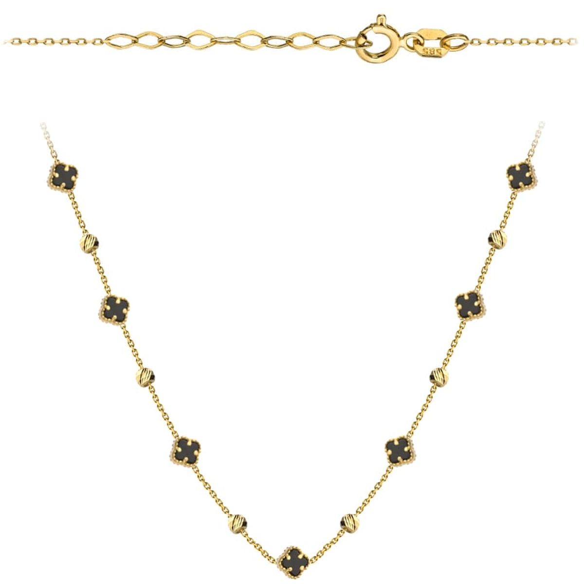 Złoty naszyjnik z czarnymi koniczynkami i kuleczkami