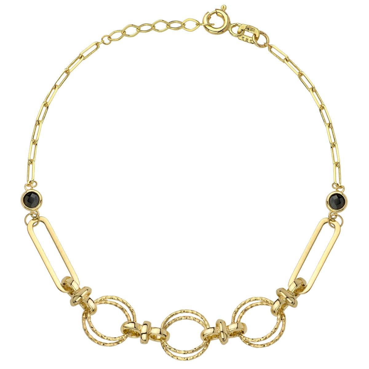 złota bransoletka celebrytka z diamentowanymi ringami i czarnymi kuleczkami