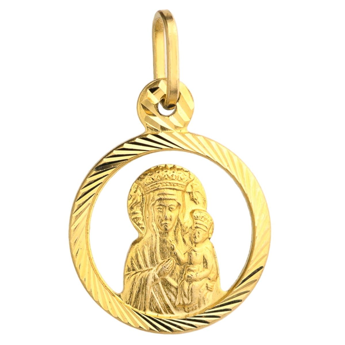 złoty medalik Matka Boska Częstochowska w grawerowanym kole