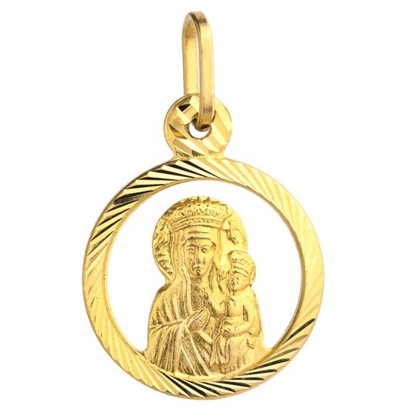 złoty medalik Matka Boska Częstochowska w grawerowanym kole