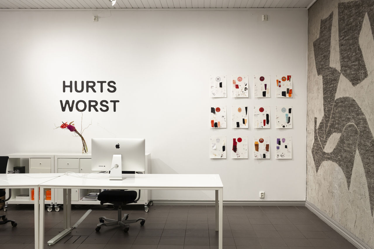 Amanda Ross-Ho, HURTS WORST (2018) Installation view