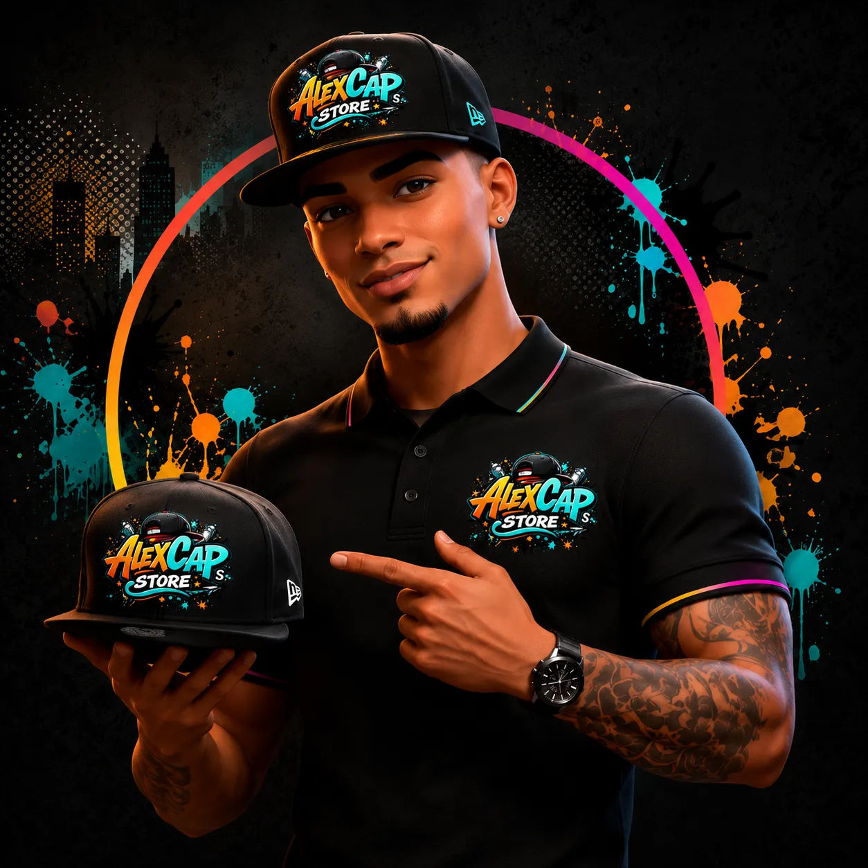 AlexCap en uniforme mostrando gorras