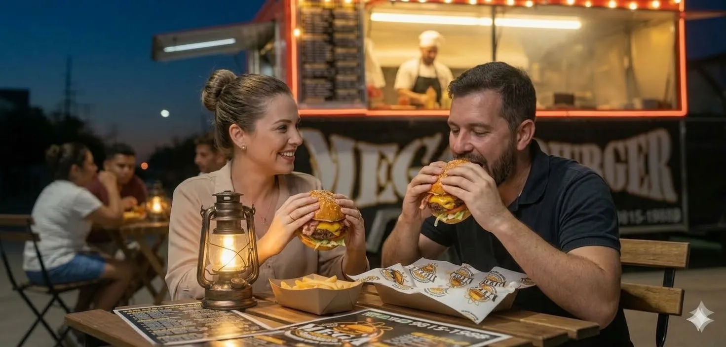 Cliente disfrutando hamburguesa de Mega Burger 507