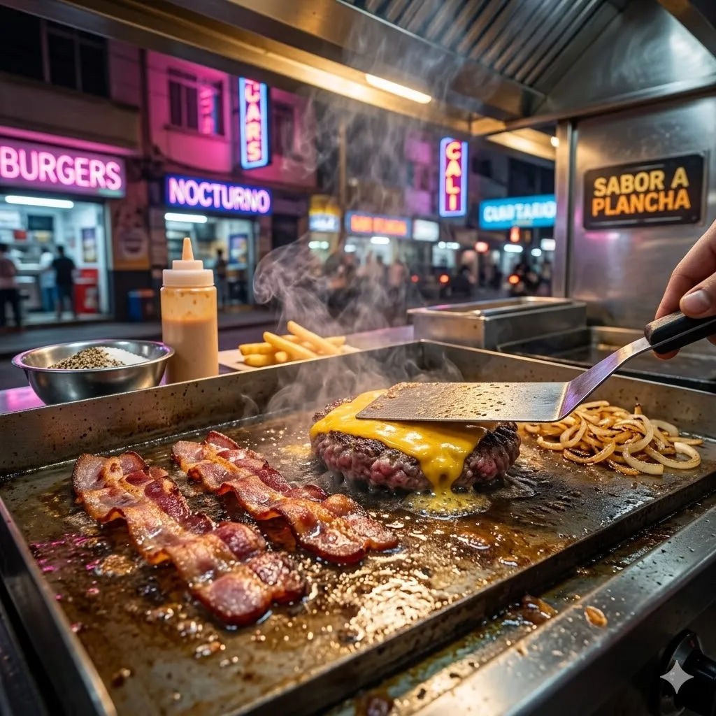 Hamburguesa cocinándose en la plancha del food truck