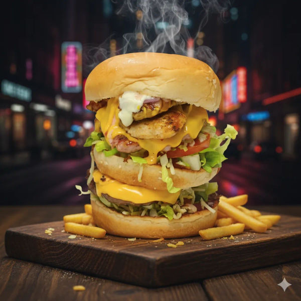 Hamburguesa Mega Triple con carne, pollo y chuleta ahumada
