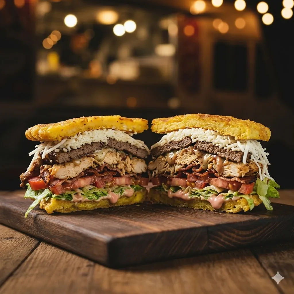 Patacón abierto con carne pollo bacon y queso derretido