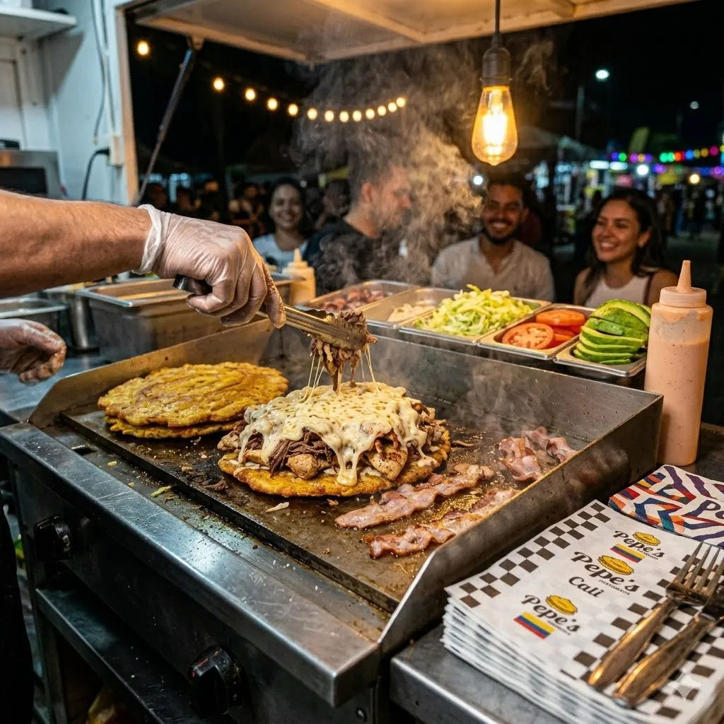 Preparando patacones rellenos en la plancha del food truck Pedregal