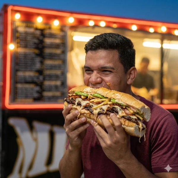 Cliente disfrutando un pepito mixto de Mega Burger 507