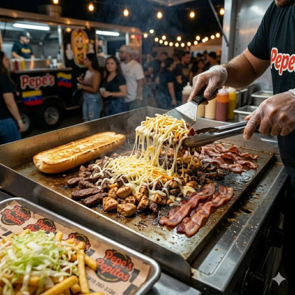 Preparando pepitos en la plancha del food truck Pedregal