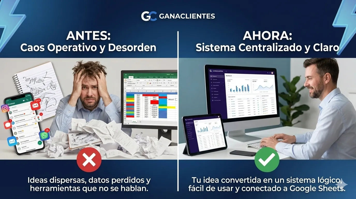 Comparación Antes Caos vs Ahora Orden Ganaclientes