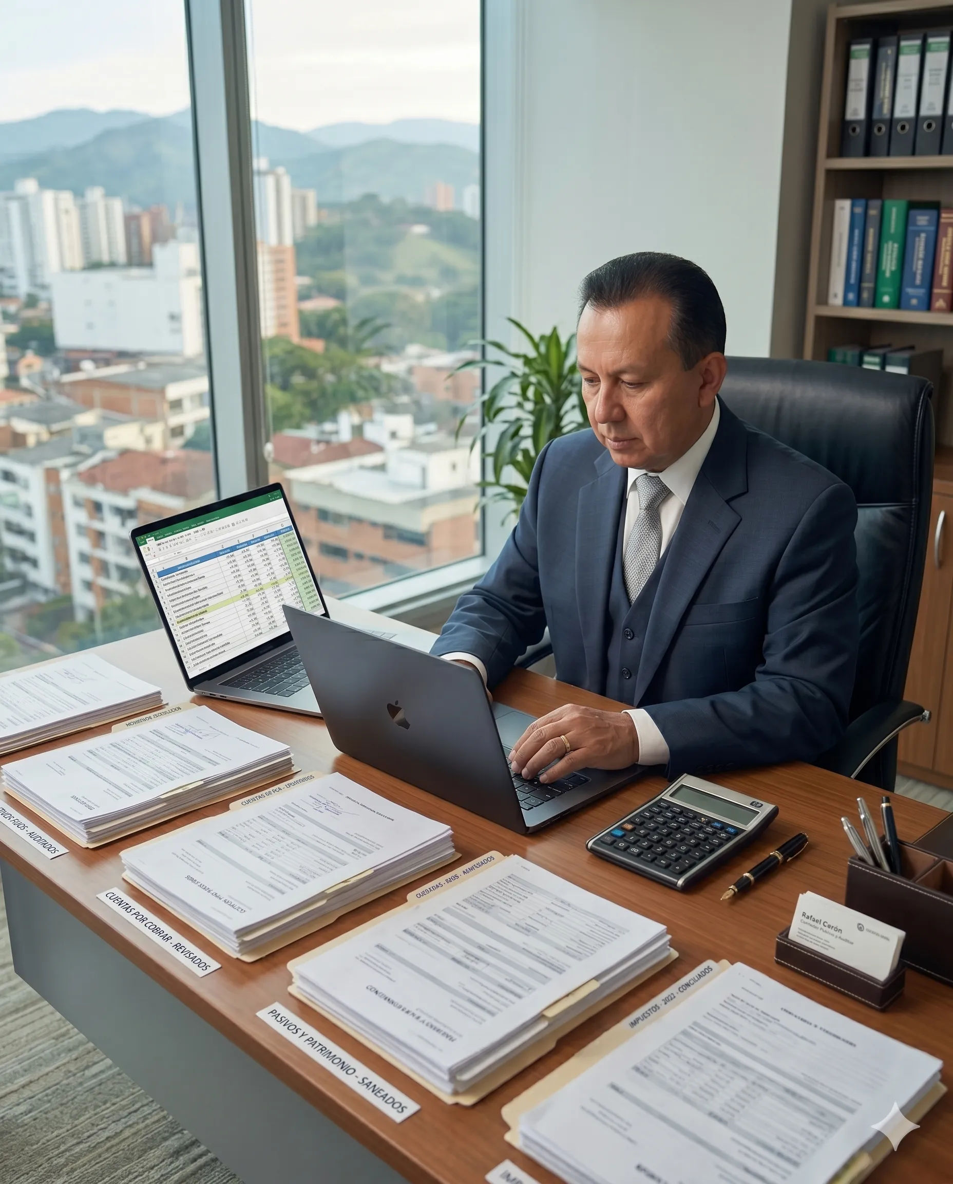 Rafael Cerón realizando auditoría y saneamiento contable en oficina profesional