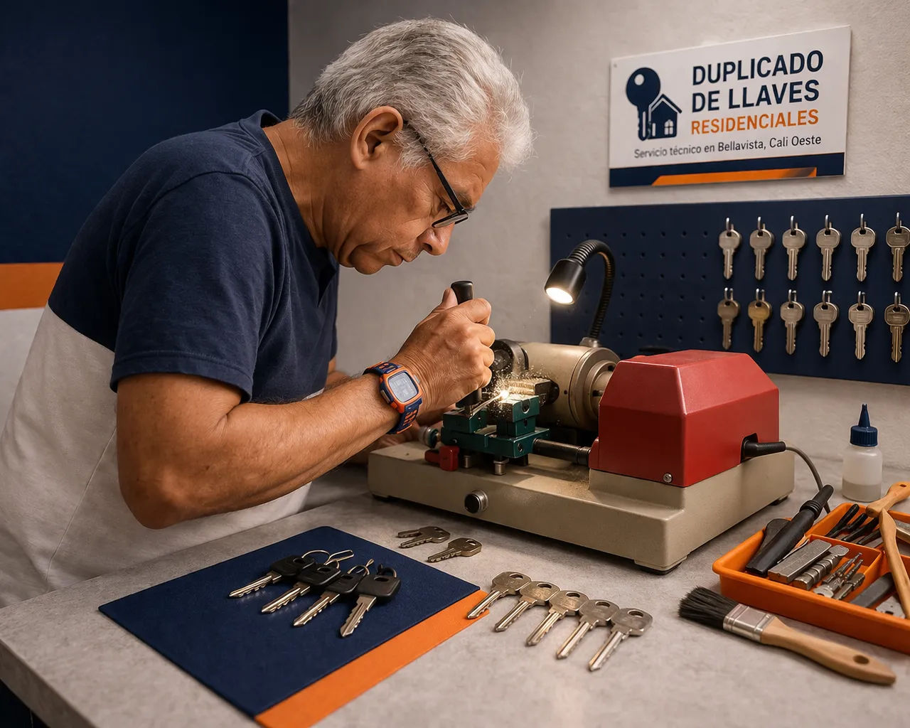 Don Pablo realizando copia de llaves en Bellavista Cali