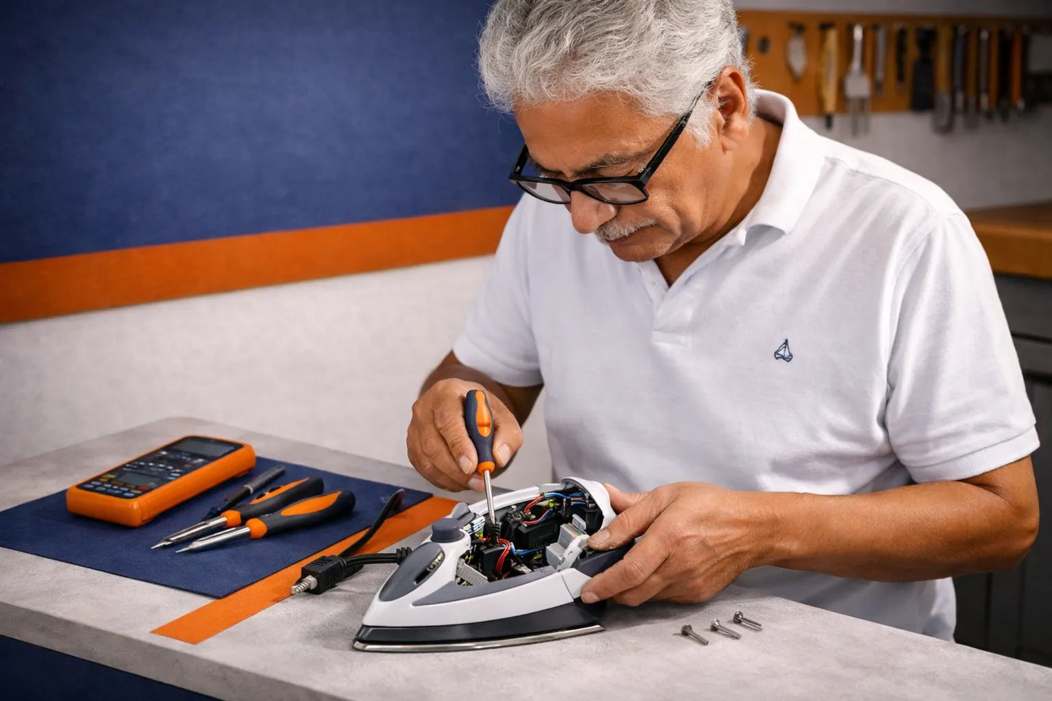 Don Pablo reparando una plancha de ropa en su taller de Bellavista