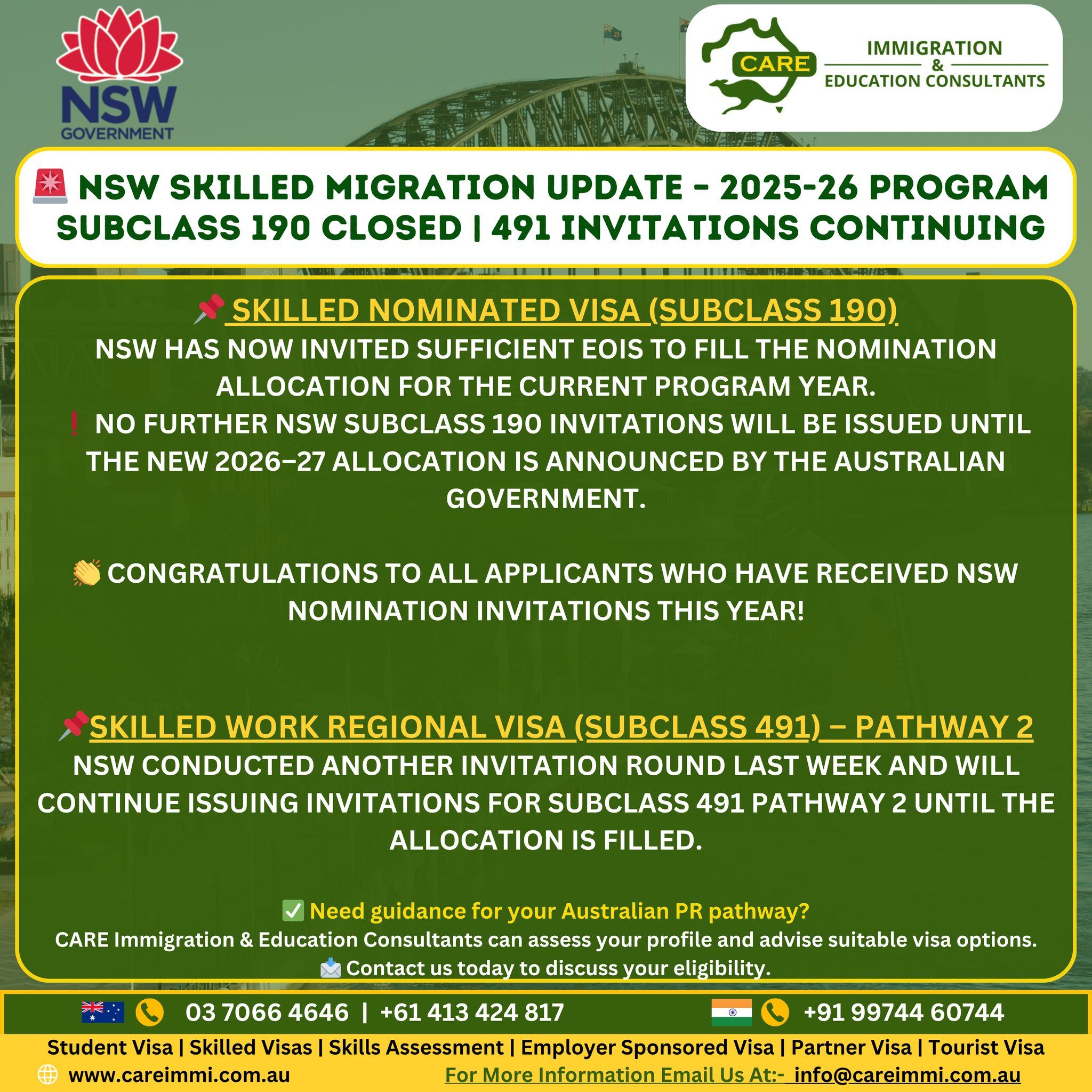 NSW Skilled Migration Update 2025–26: Subclass 190 Invitations Closed, 491 Pathway