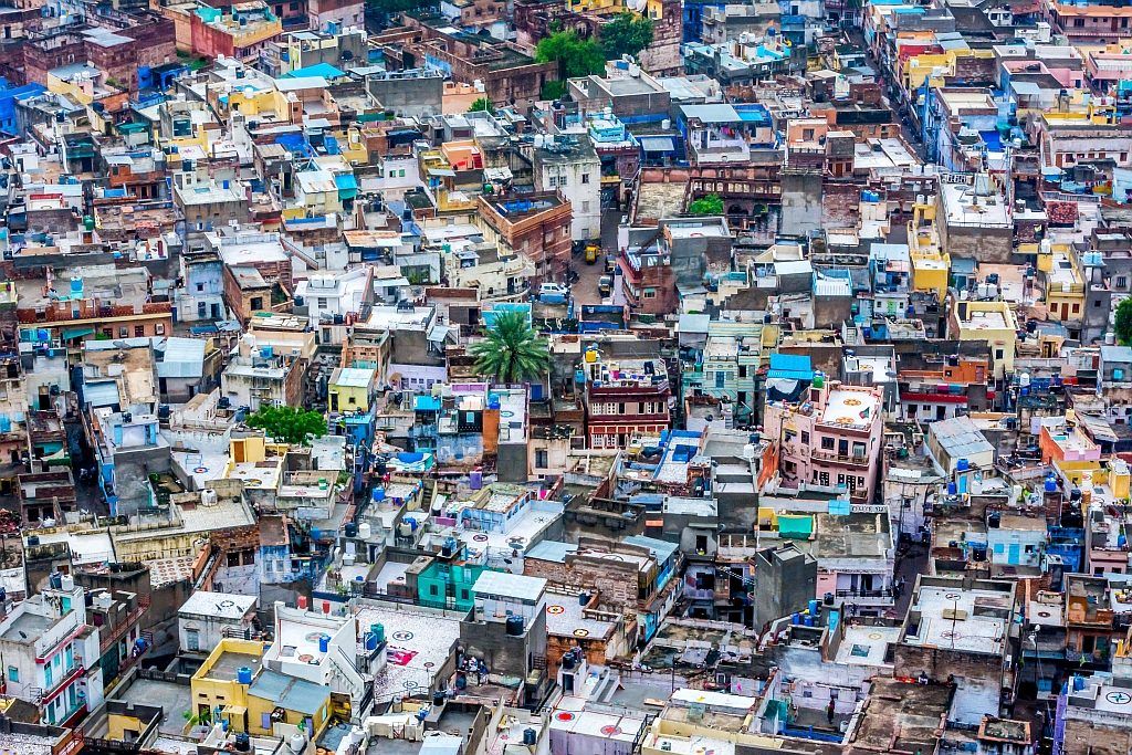 An overhead shot of a crowded locality in India