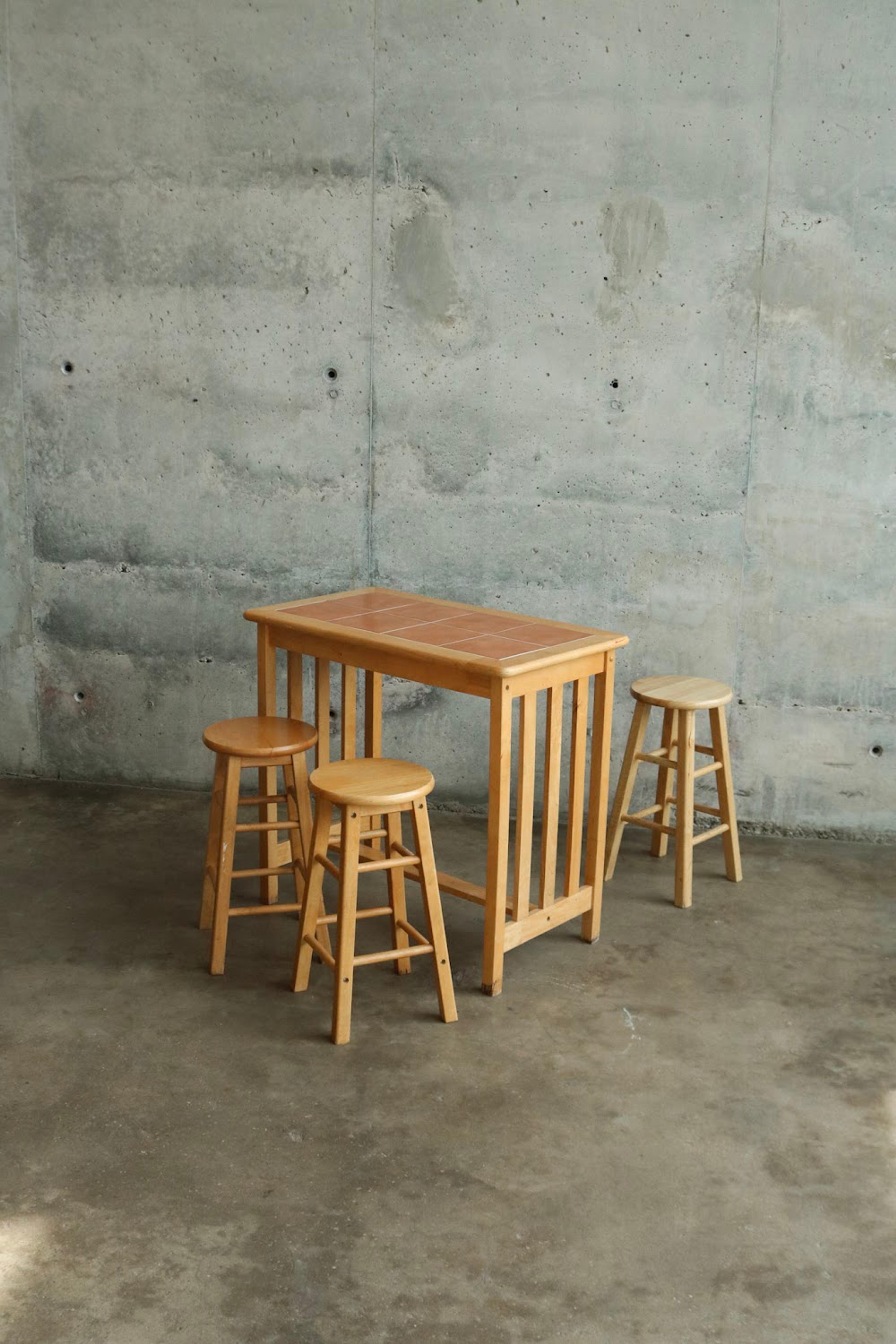 Set Of Oak Tile Bar Table And 3 Oak Stools