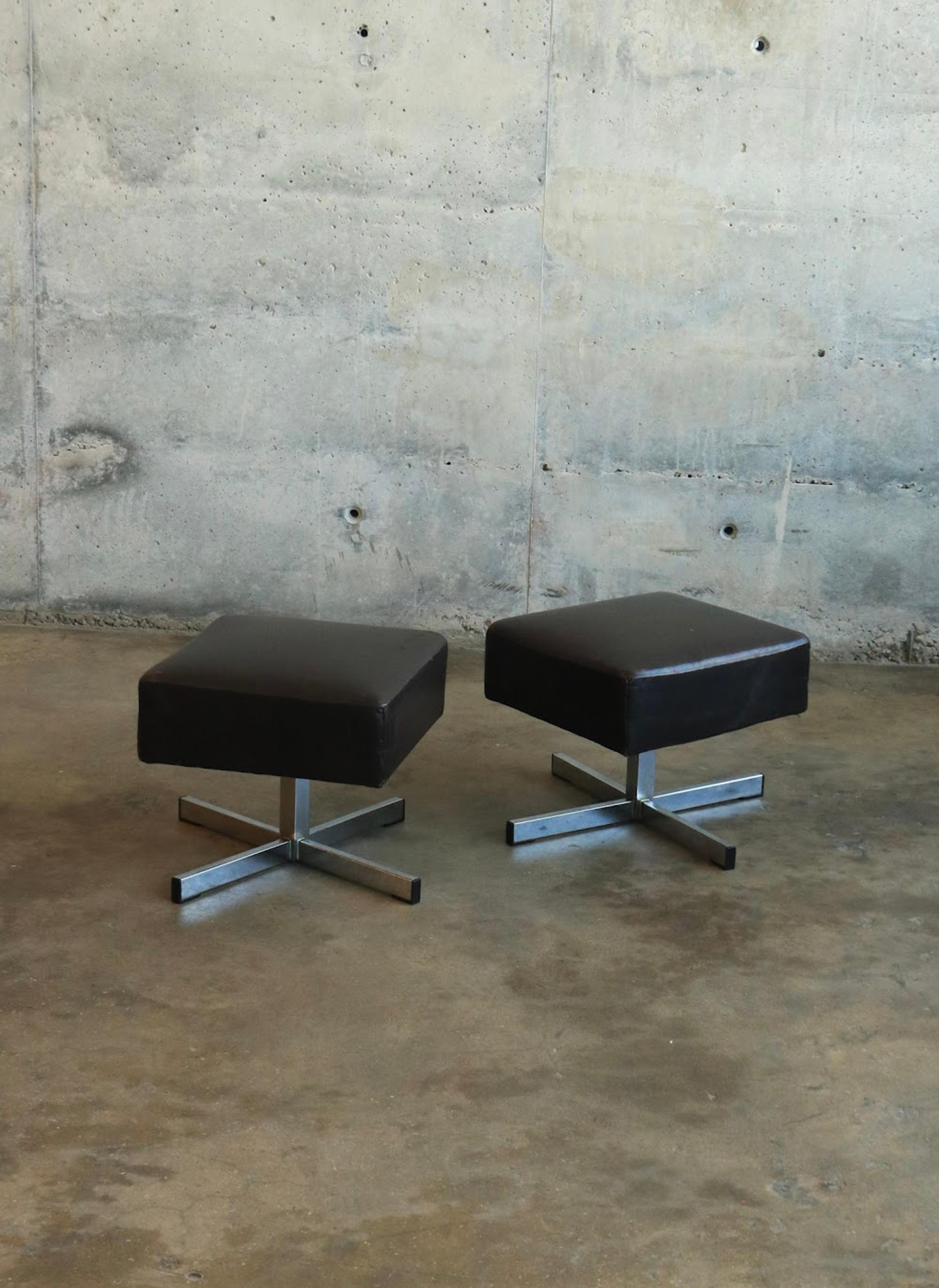 Vintage Scandinavian Leather Steel Footstools Swivel Ottoman
