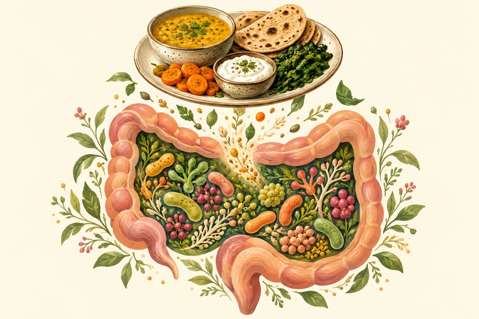An everyday Indian meal above a stylised gut filled with colourful microbes and botanical shapes