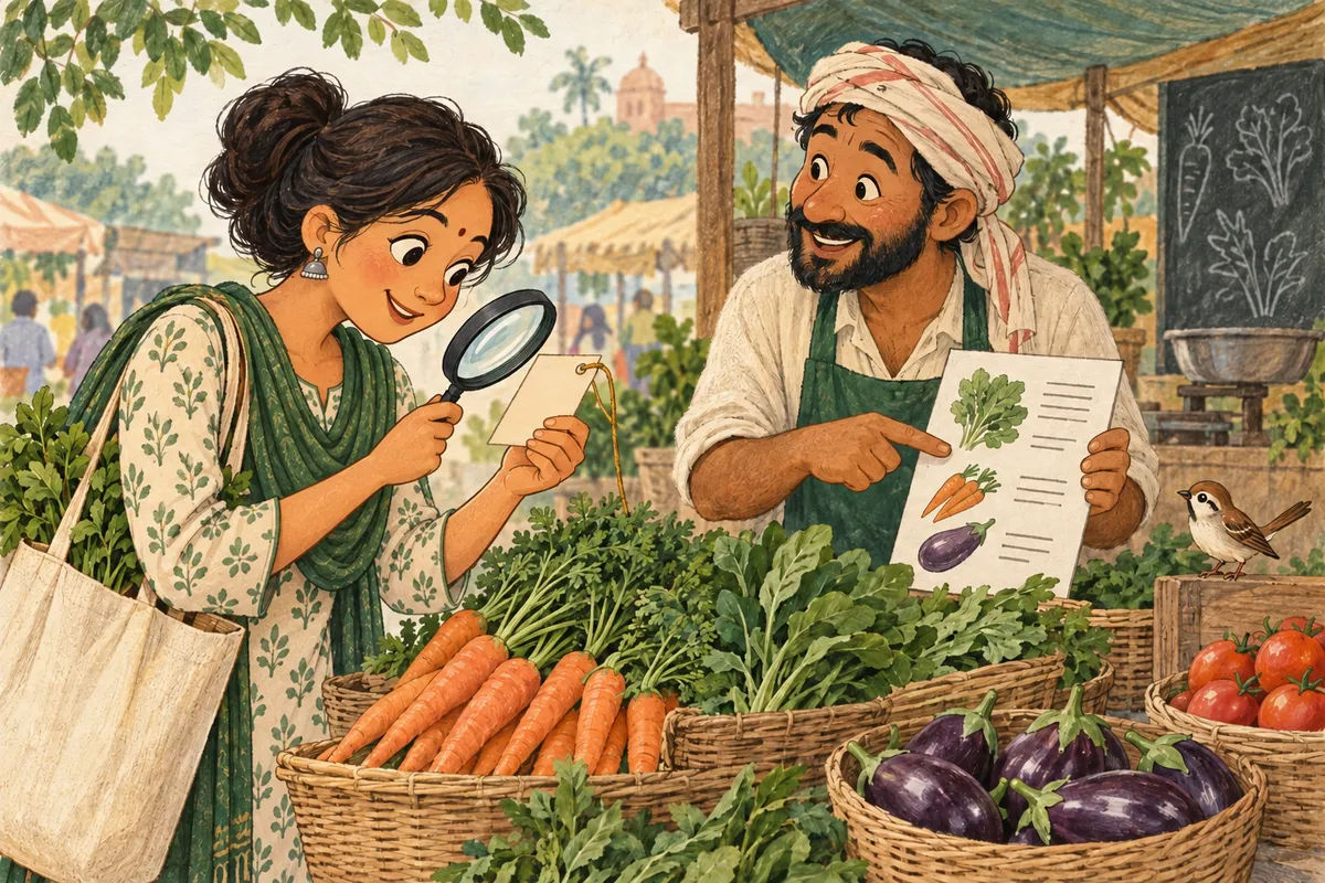 A shopper looking over vegetables and asking a grower about them