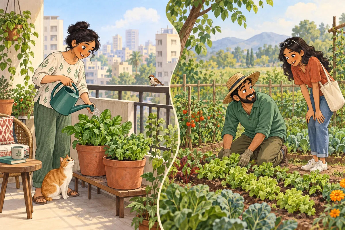 An illustrated comparison between growing vegetables on a balcony and following a bed at a farm