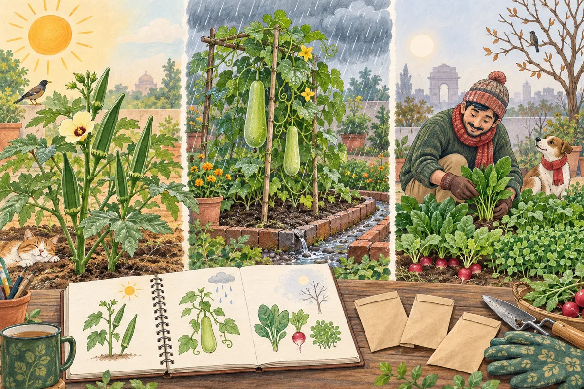 Three cartoon scenes show okra in summer, a gourd vine during the monsoon, and a gardener tending greens in winter.