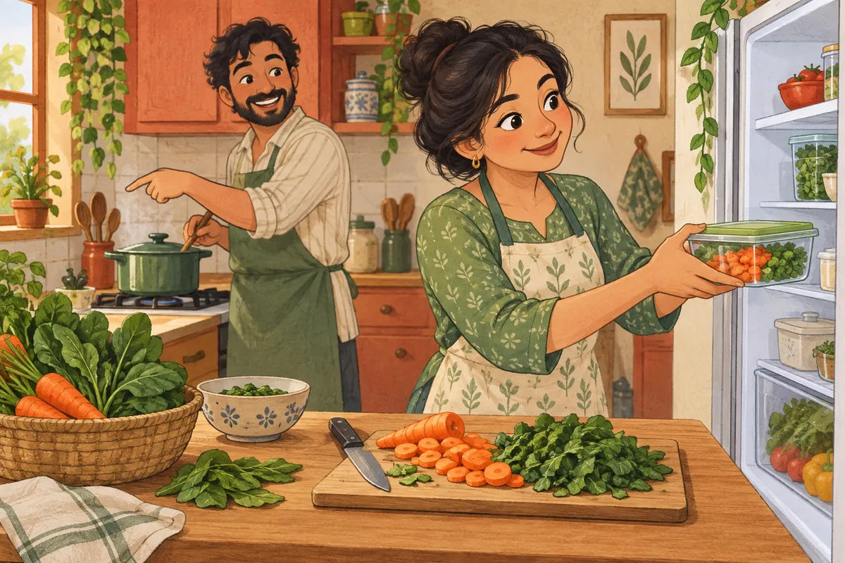 Cartoon of a home cook putting a covered container of chopped vegetables in the fridge while another person prepares dinner.