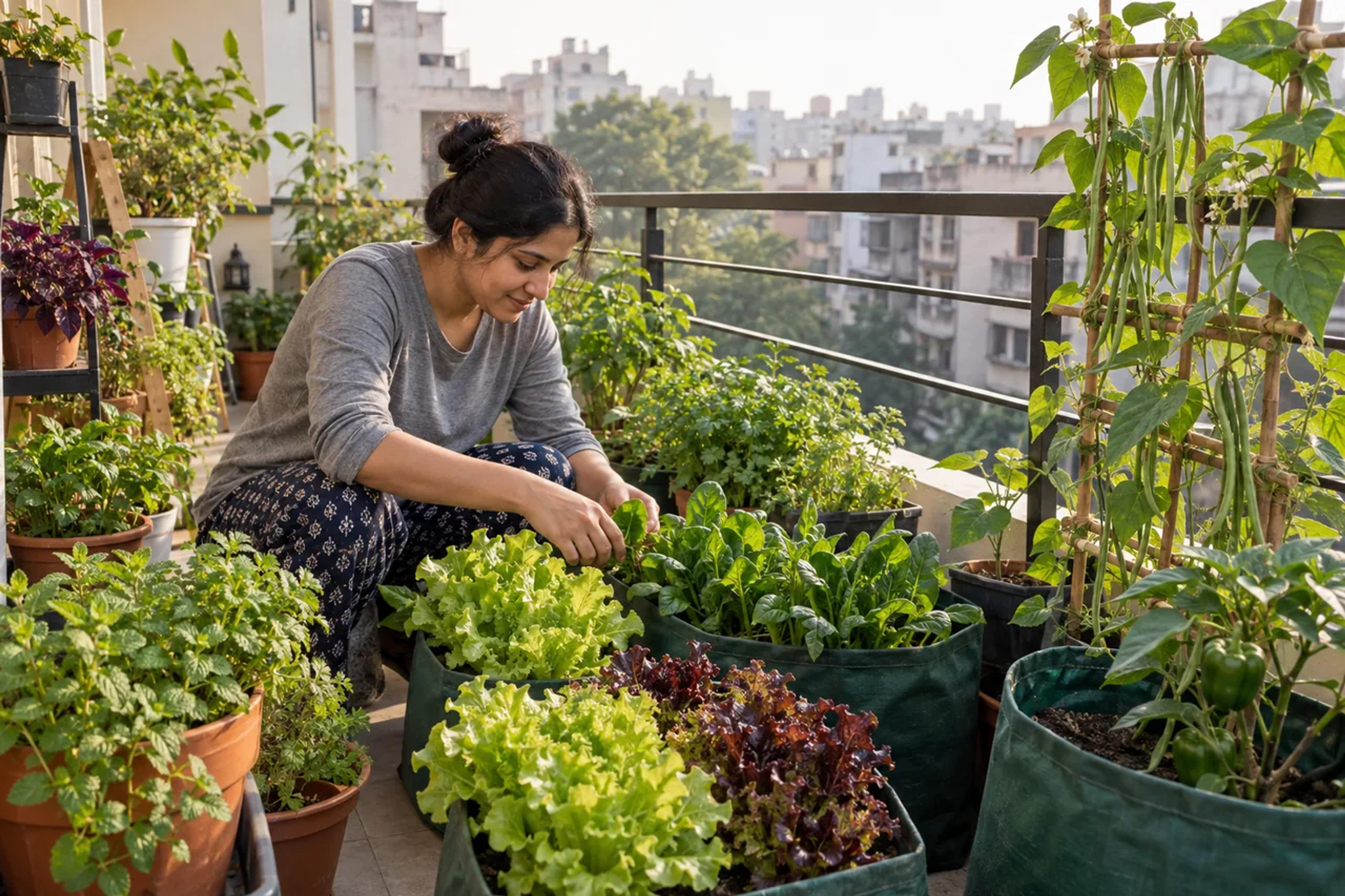 A gardener tending leafy greens and green beans on a Delhi apartment balcony