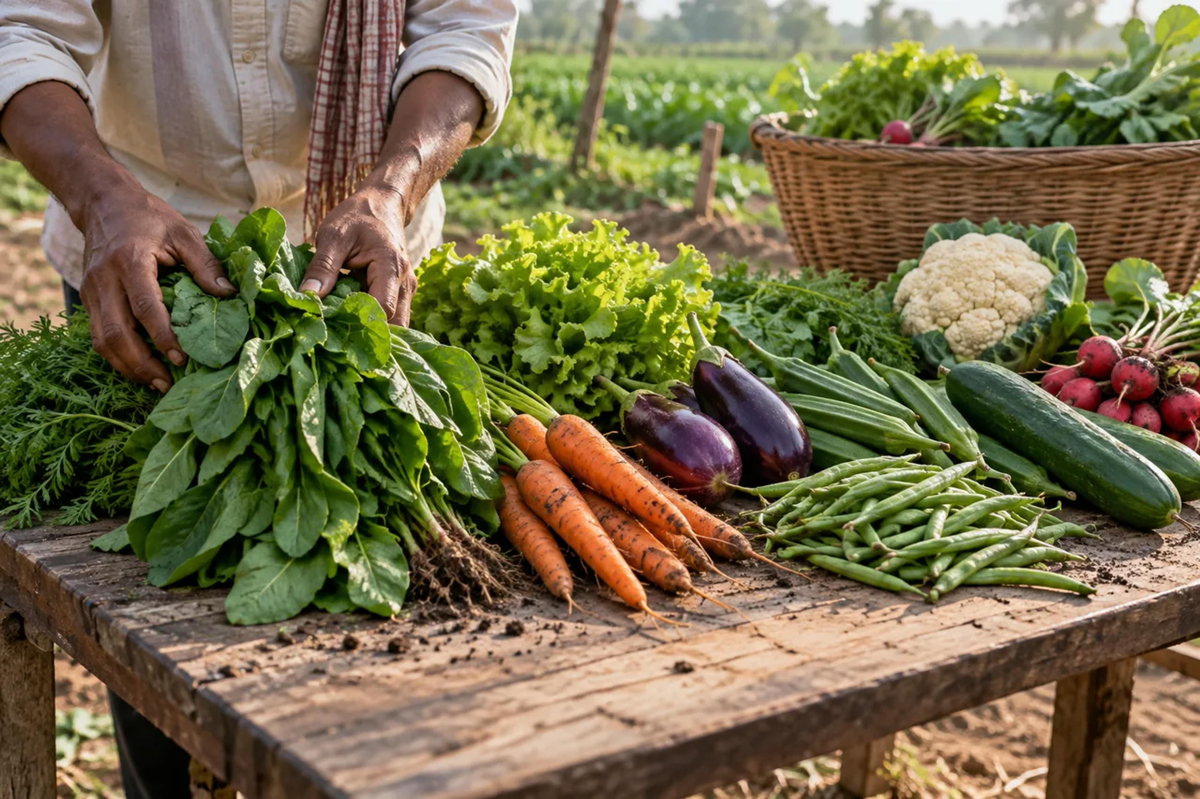A colourful mix of leafy greens and vegetables arranged for a home kitchen