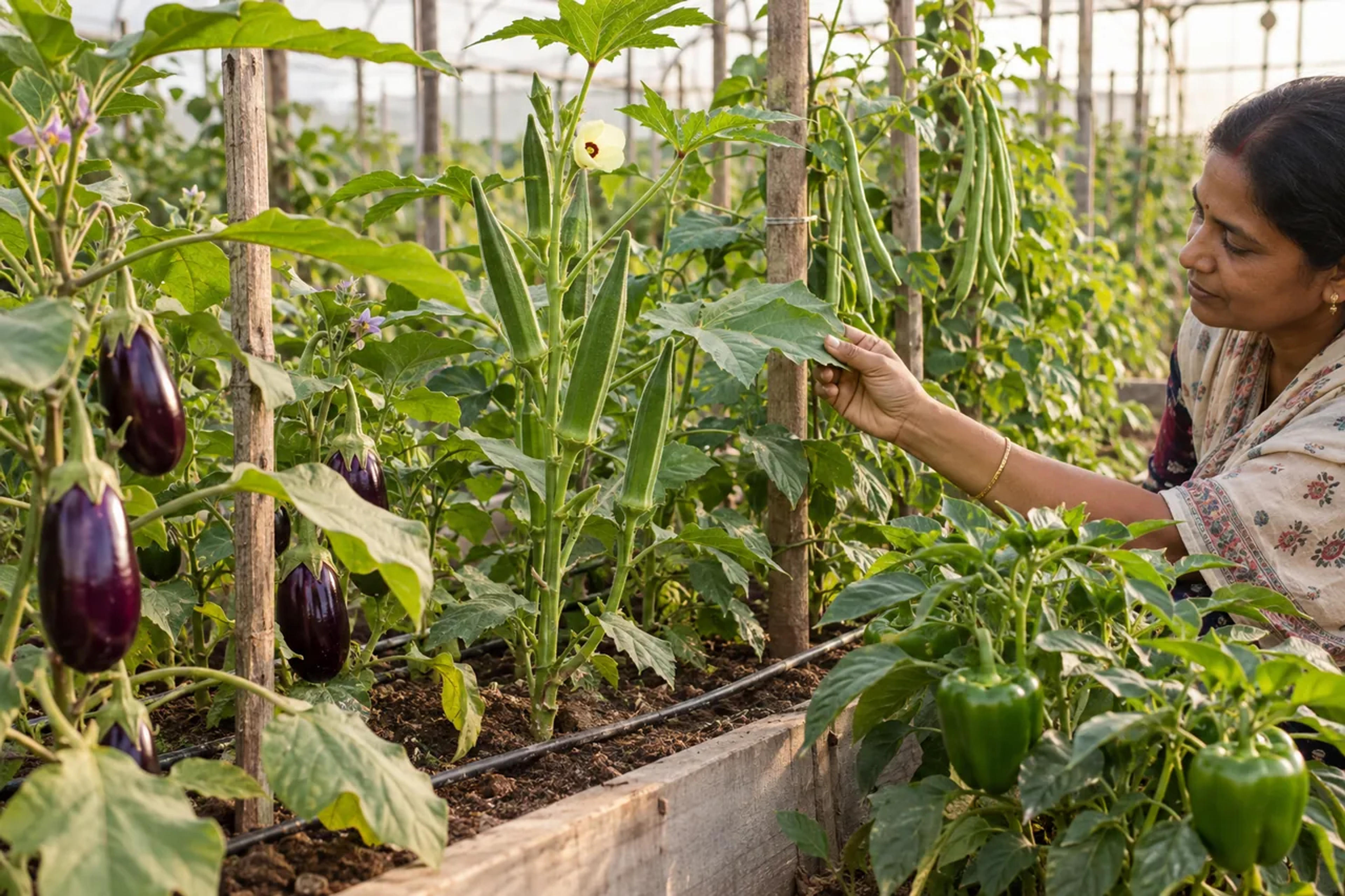 Okra, brinjal, green beans and peppers growing in a mixed raised bed