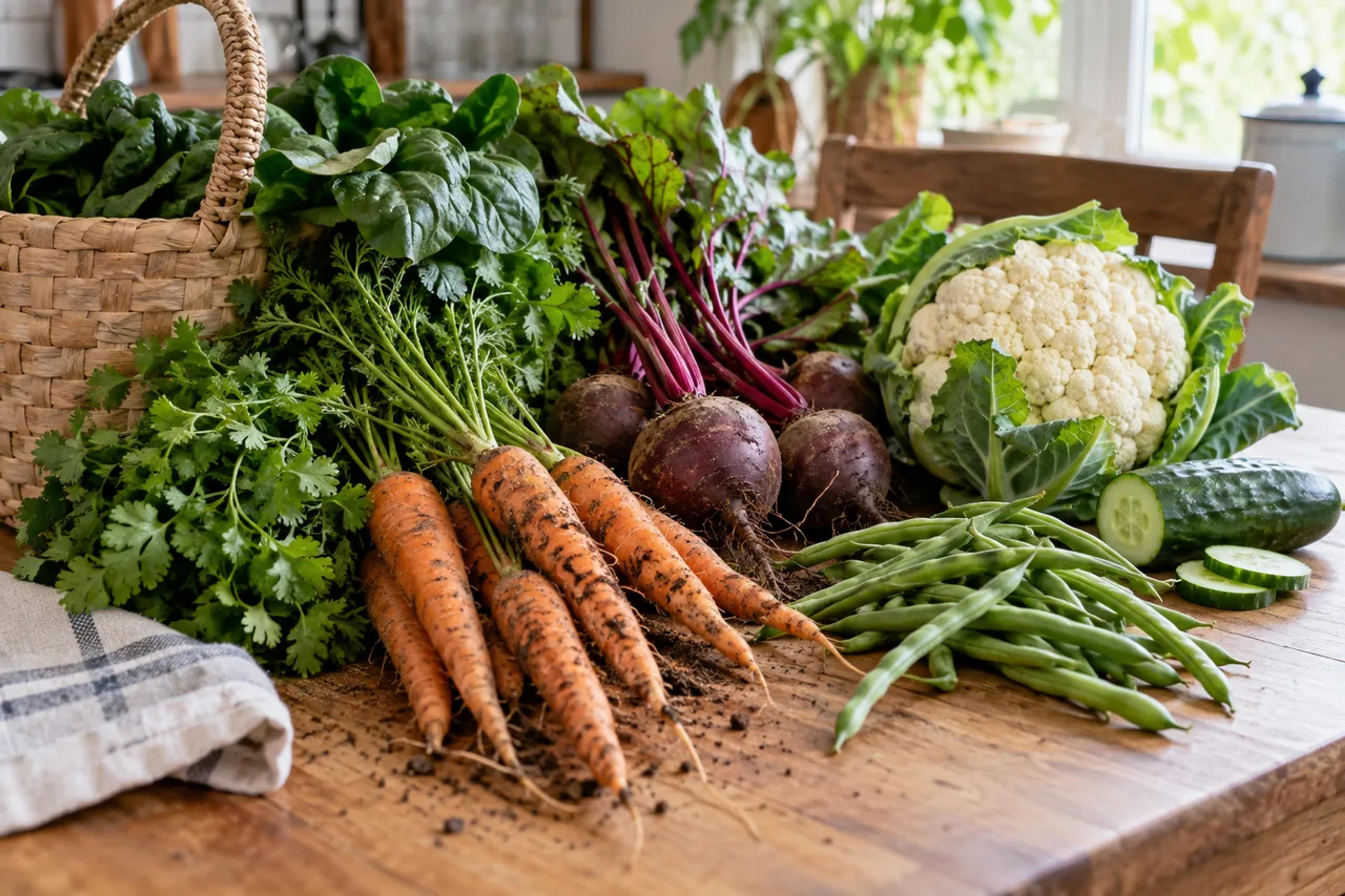 A varied kitchen harvest of carrots, beetroot, cauliflower, greens and beans