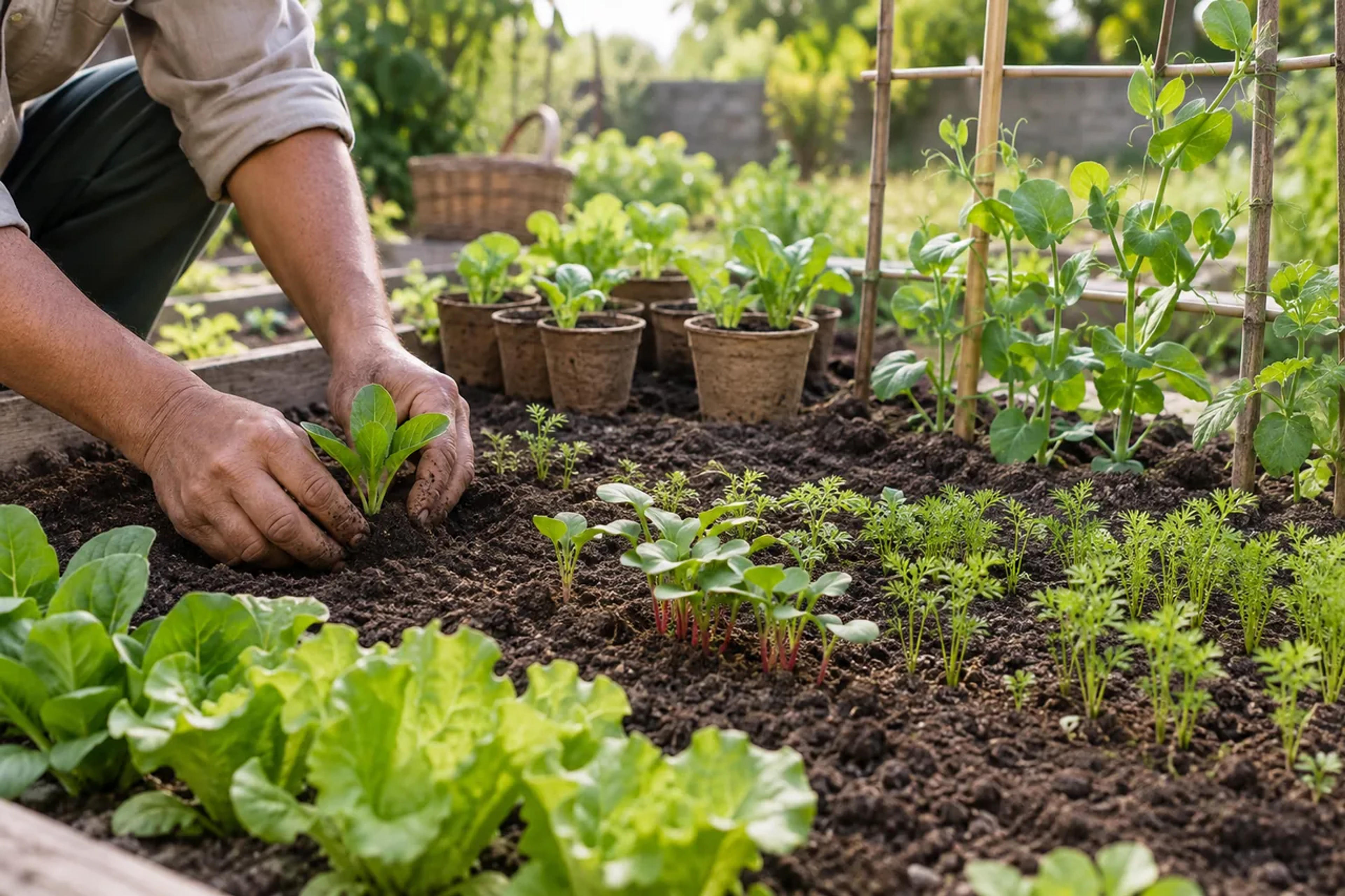 A grower planting leafy seedlings and radishes in a raised bed