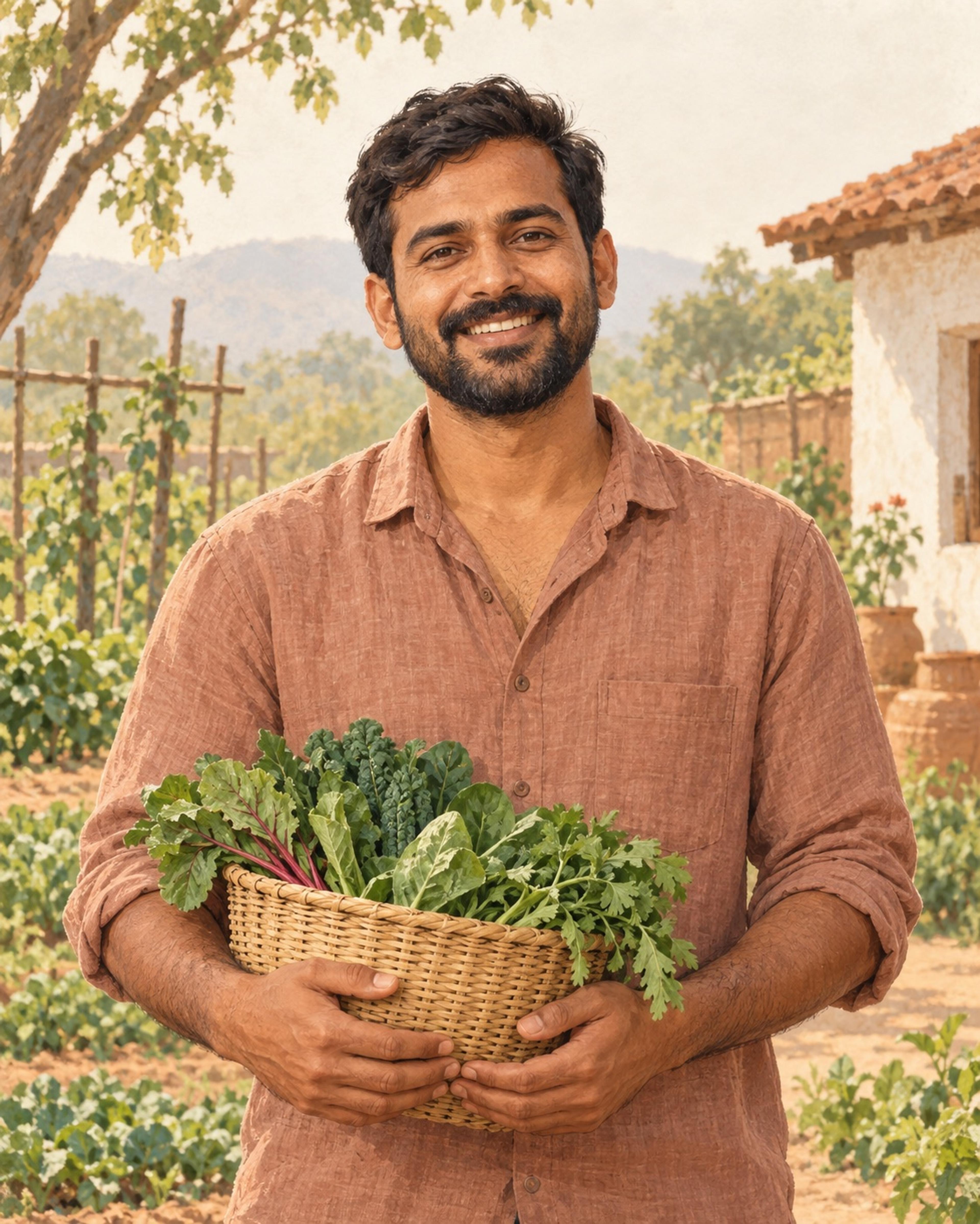 Illustrated fictional character Arjun holding fresh vegetables