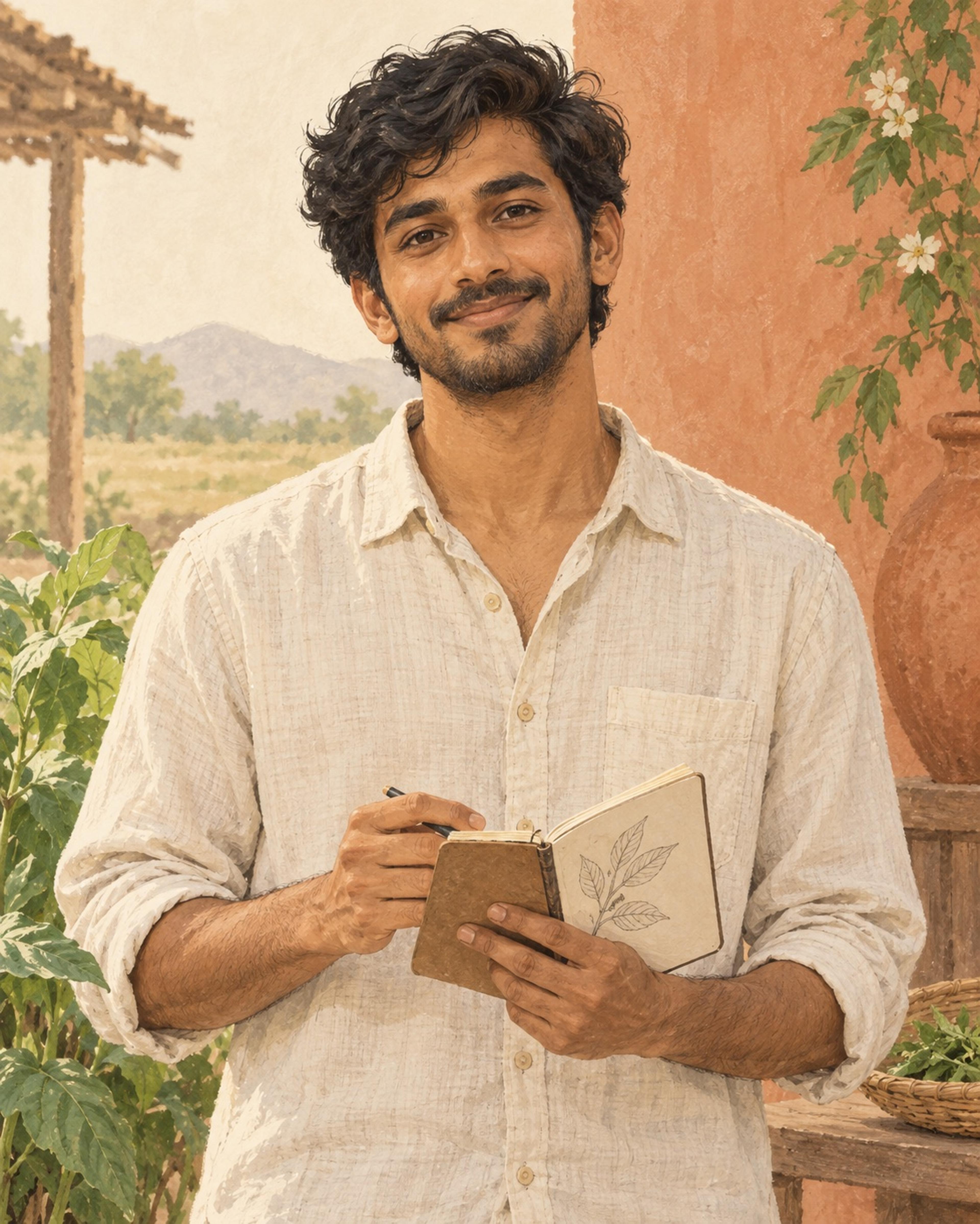 Illustrated fictional character Kabir with a notebook