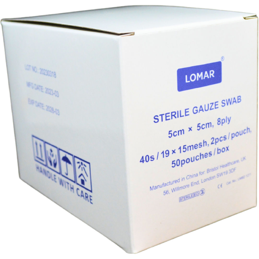 5 x  Lomar Sterile Gauze Swab, 5 cm x 5 cm x 8Ply ( 2 Pieces/ pouch) - Pack of 50 (LMBD 1271)