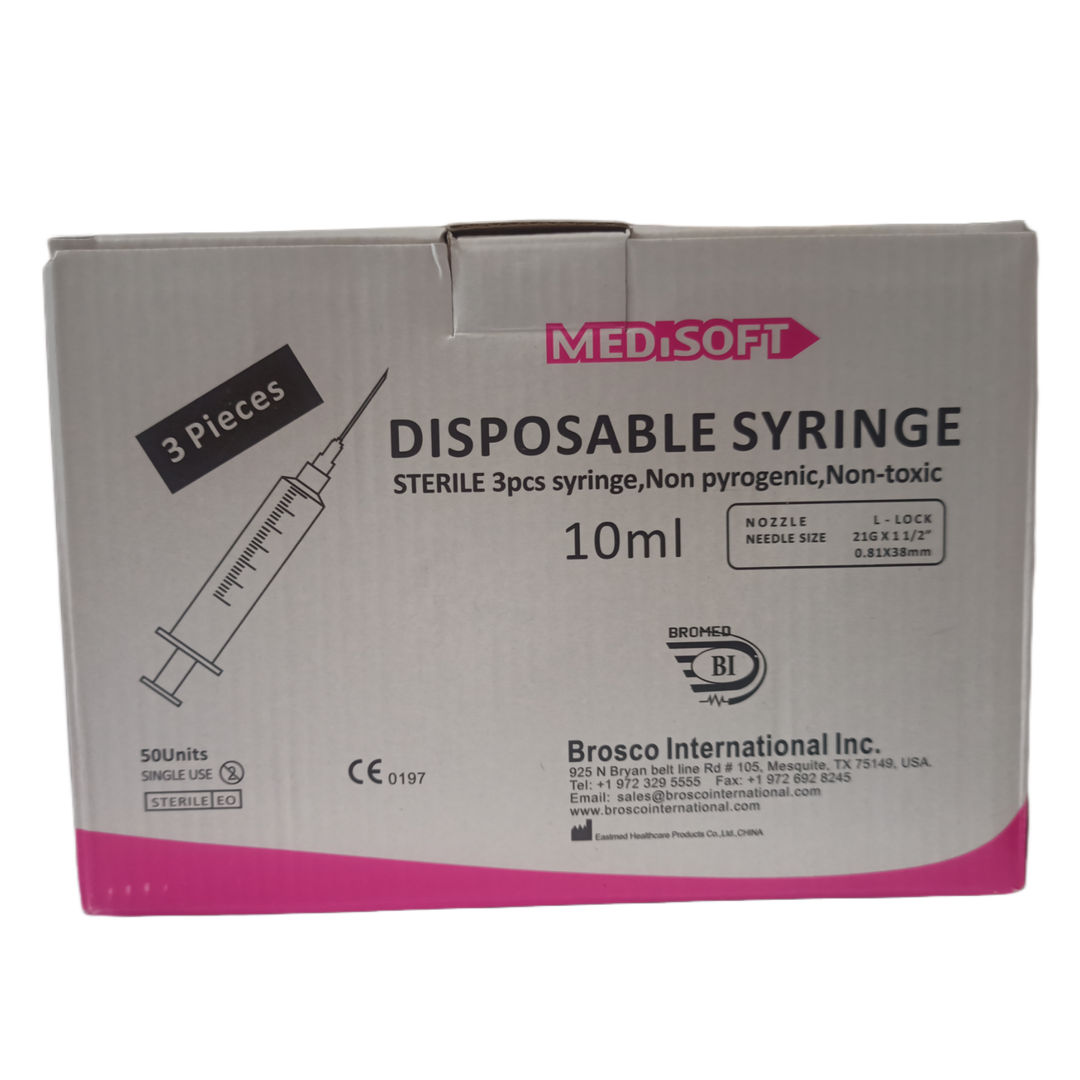 MediSoft Luer Lok Syringe 10ml, 21G x 1-1/2 Inch - Pack of 50