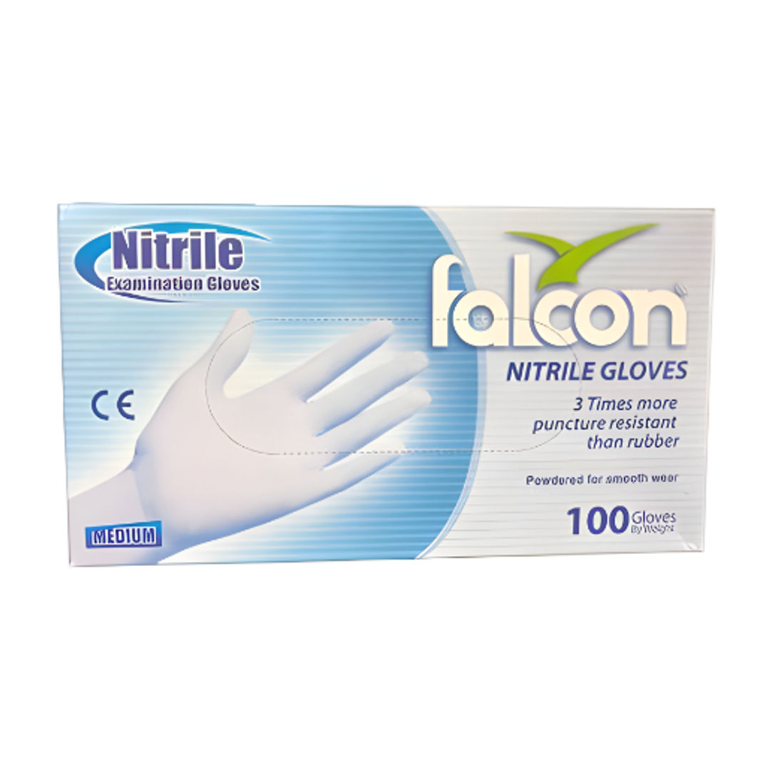 Falcon Pre-Powdered Nitrile Examination Gloves - Medium Pack of 100