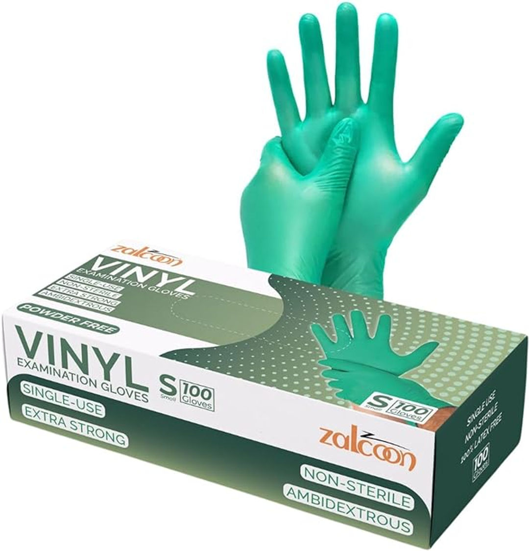 Zalcoon Powder Free Green Vinyl Disposable Gloves Pack of 100 - Small