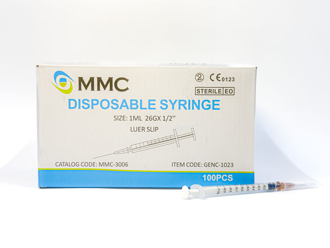 MMC Disposable Luer Slip Syringe with Needle - 1ml 26G x 1/2inch 100 Pieces/Box (GENC-1023)