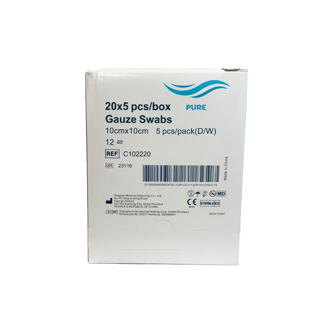 Pure Healthcare Gauze Swab Plain Sterile Double Wrap, 10cm x 10cm 12ply, 5 Pieces/Pack - 20 Pack/Box (C102220)