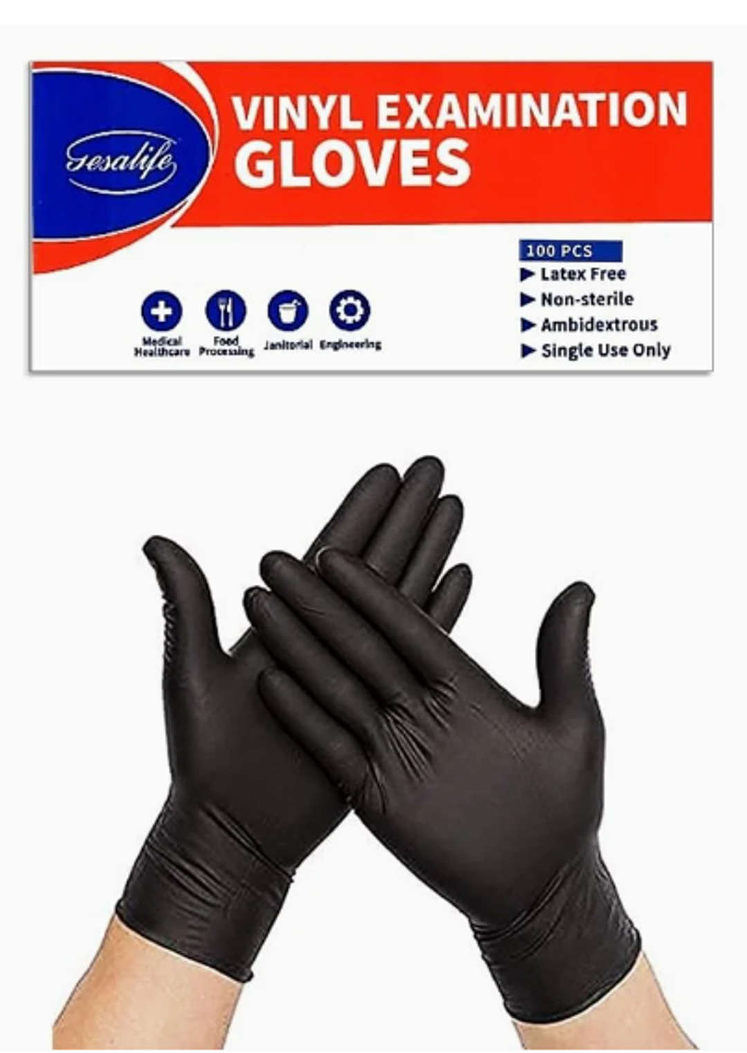 Gesalife Disposable Vinyl Black Gloves Large, Pack of 100