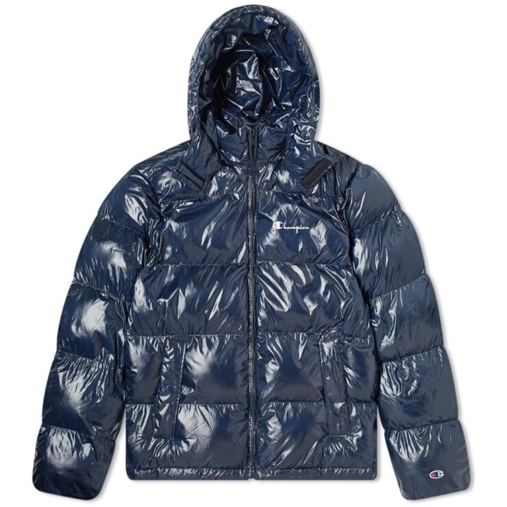 Champion Reverse Weave Hooded Puffer Jacket in Navy